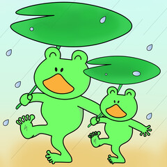 ハスの傘をさして楽しげに歩くカエルの親子