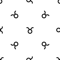 Seamless pattern of repeated black zodiac taurus symbols. Elements are evenly spaced and some are rotated. Vector illustration on white background