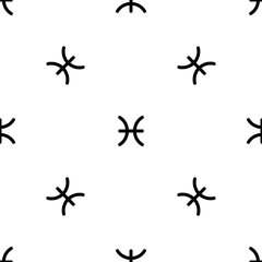 Seamless pattern of repeated black zodiac pisces symbols. Elements are evenly spaced and some are rotated. Vector illustration on white background