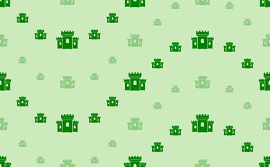 Seamless pattern of large and small green castle symbols. The elements are arranged in a wavy. Vector illustration on light green background