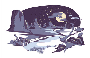 Vector set illustration of desert and night landscape with silhouettes of stones, mountains, hills, plants and cactuses. Cartoon Western scene under the moon. Night in Mexican desert.


