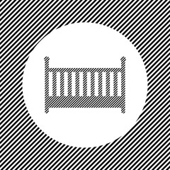 A large baby cot symbol in the center as a hatch of black lines on a white circle. Interlaced effect. Seamless pattern with striped black and white diagonal slanted lines