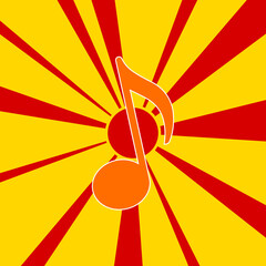 Musical note symbol on a background of red flash explosion radial lines. The large orange symbol is located in the center of the sun, symbolizing the sunrise. Vector illustration on yellow background
