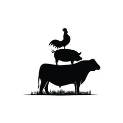 silhouette of angus cattle buffalo cow , pig pork swine boar javelina ham bacon chicken rooster livestock logo design vector