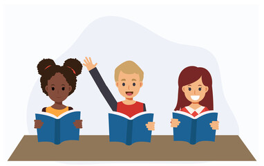 children reading book in class. the boy is hand up to answer. study learning education concept. Flat vector cartoon character illustration.