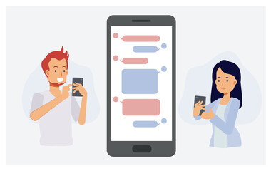 Man and woman are talking on APP in phone. Flat vector cartoon character illustration.