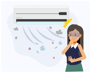 Air conditioner problem concept,A woman close her nose because Bad smell from air conditioner. Flat vector cartoon character illustration. - obrazy, fototapety, plakaty