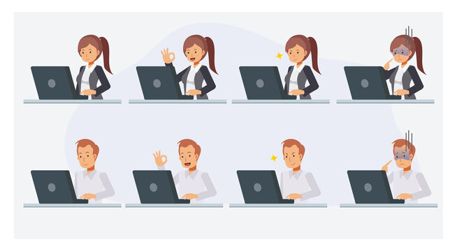 Set of Business People working with laptop in various pose and emotion.Flat vector cartoon character illustration.
