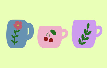 Set of colored decorated cups. Minimalist doodle style. Beautiful hand drawn vector illustration. Simple crockery for drinking. Cute mugs with design elements