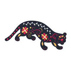 Flat flower panther, black big cat. Wild animal decorated with a pattern. Cartoon hand-drawn vector. For registration of congratulations, invitations, illustrations. For home decor, fabric print, web.