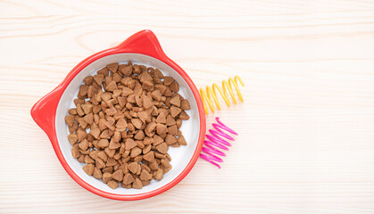 Bowl with dry food for cats, animal on wooden floor, background, top view