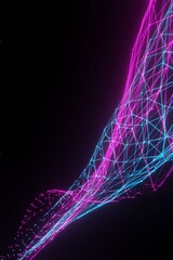 Partially blurred background, polygonal grid of neon pink and blue on black background, copy space. Vertical. 3d render