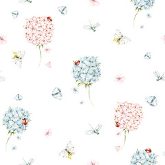 Watercolor nursery seamless pattern Hand painted cute butterfly, blue, pink flowers- hyndragea. isolated on white background. illustration for design, print, wallpaper