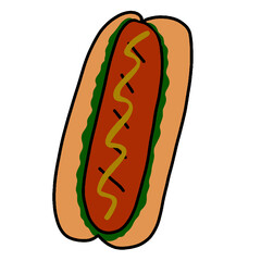 A hotdog with mustard sauce topping and vegetable, hand drawing. Food illustration icon.