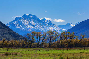Mount Earnslaw in the South Island of New Zealand, seen from the Rees River valley in autumn 
