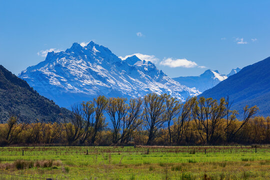 Mount Earnslaw in the South Island of New Zealand, seen from the Rees River valley in autumn 
