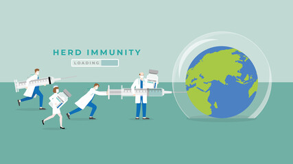 Herd immunity concept as virus protects bubble cover on earth. Medical staff doctors and nurses inject vaccine syringes to prevent and immunize people. Collaborate work to cure the world of pandemics.