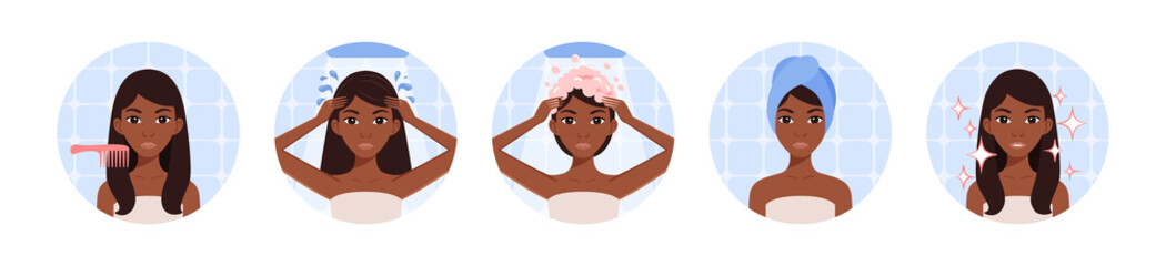 Beautiful African American Girl washes her Head in the Bathroom. Steps. A Black Woman combing her Foam. Girl with a Towel. Clean hair. Flat Cartoon Color Style. Vector.