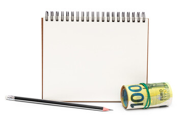 Blank notepad with pencil and rolled up euro bills on white background.