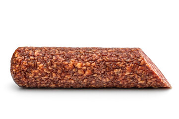 Piece of raw smoked sausage on white background. Half of salami sausage.