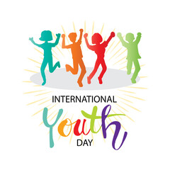 Fototapeta na wymiar International youth day card with jumping teenagers silhouette. 