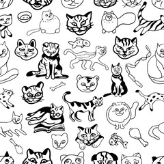 Cats muzzles offset set vector doodle illustration. Print textile wallpaper background coloring children's picture decoration cartoon hand drawn patern seamless