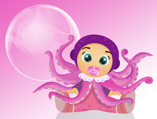 funny illustration of Baby girl with octopus costume