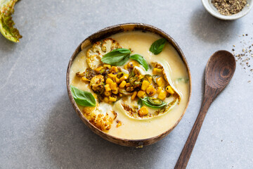 Cauliflower and sweetcorn plant based soup