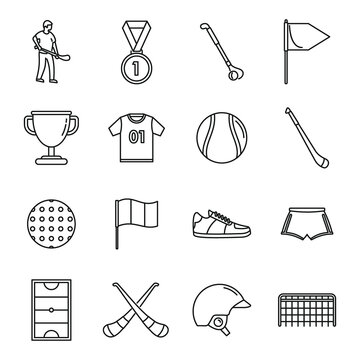 Hurling game icons set, outline style