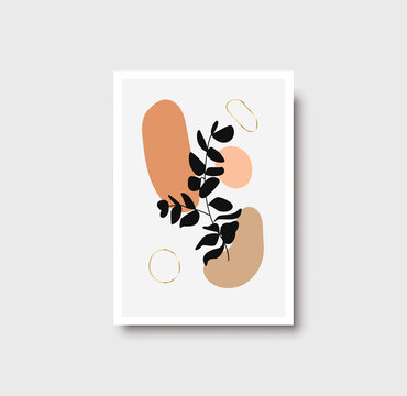 Botanical wall art abstract vector. Foliage line drawing. Neutral boho art print. Minimal mid century wall art print for bedroom decor. Gallery decor poster, terracota watercolor. Vector illustration