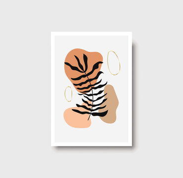 Botanical wall art abstract vector. Foliage line drawing. Neutral boho art print. Minimal mid century wall art print for bedroom decor. Gallery decor poster, terracota watercolor. Vector illustration