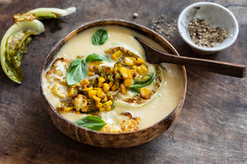 Cauliflower and sweetcorn plant based soup