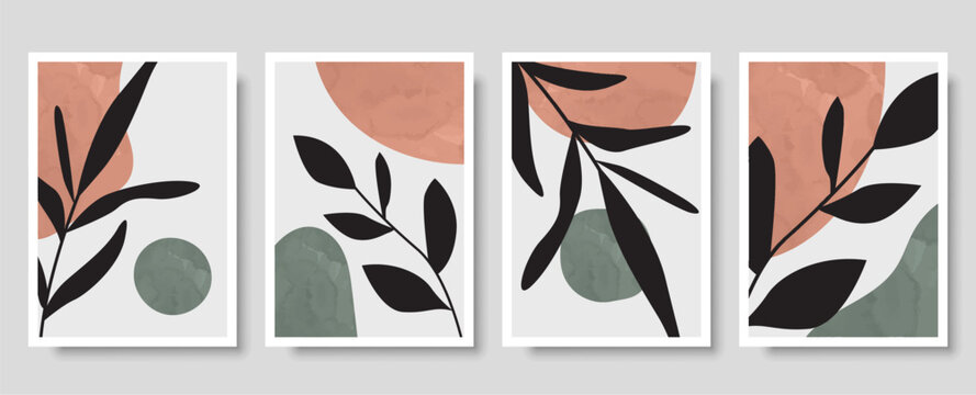 Botanical wall art vector set. Foliage line art drawing with abstract shape. Abstract Plant Art design for print, cover, wallpaper, Minimal and natural wall art. Vector illustration.