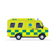 Ambulance car isolated on background. Yellow  and green ambulance medical service in flat style. Vehicle emergency. Vector stock