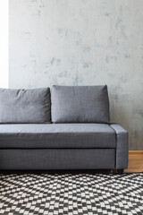 Gray sofa in an industrial living room. Gray concrete wall. Geometric woven rug.