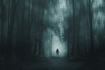 Fototapeta A spooky hooded figure, standing in a winter forest. With glowing supernatural lights. With a blurred, grunge, grainy edit obraz