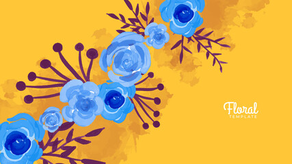 Blue and yellow rose watercolor floral background template
