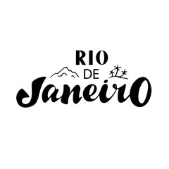 Rio de Janeiro digital lettering logo for printing. The stylish font includes palm trees and mountains. Logo for business and traveling brochure, cards, flyer.