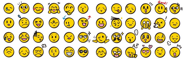 顔 アイコン 手描き 黄色 セット 顔文字 絵文字 イラスト カラー ベクター シンプル yellow color face Icon 笑顔 涙 驚く 怒る 困る 楽しい 汗 眼鏡 サングラス