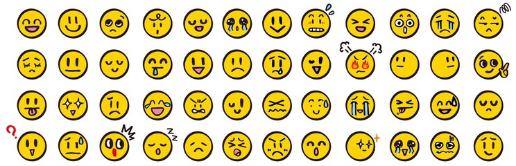 顔 アイコン 手描き 黄色 セット 顔文字 絵文字 イラスト カラー ベクター シンプル yellow color face Icon 笑顔 涙 驚く 怒る 困る 楽しい