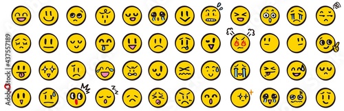 Fototapete 顔 アイコン 手描き 黄色 セット 顔文字 絵文字 イラスト カラー ベクター シンプル Yellow Color Face Icon 笑顔 涙 驚く 怒る 困る 楽しい Abbildung 7stocks