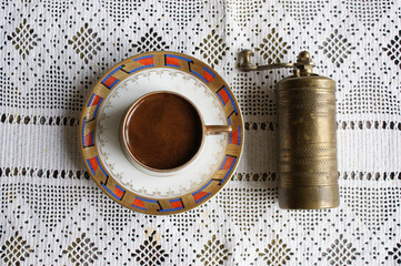 cup of black coffee. Black Turkish coffee in vintage cup