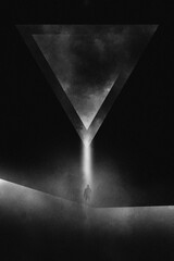 A minimal design of a man standing below a light beam with a geometric science fiction edit.