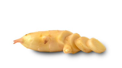 Fresh sliced young ginger root isolated on white background with Clipping Path