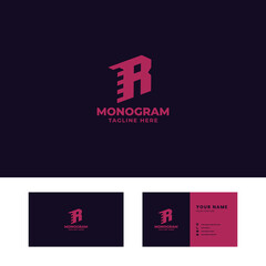Simple and Minimalist Brigth Pink Speed and Arrow Letter R Monogram Initial Logo in Dark Background with Business Card Template