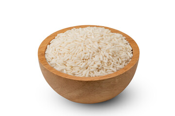 uncooked Thai sticky rice in wooden bowl isolated on white background with Clipping Path