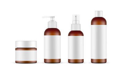Cosmetic Amber Bottles Mockups with Labels Isolated on White Background. Vector illustration