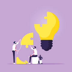 Concept of creating and building idea, Business teamwork building lightbulb puzzle vector, finding new solutions and brainstorming