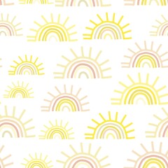 A seamless pattern of suns in a Scandinavian style, isolated on a white background. Digital illustration with imitation paint. Design for children, posters, prints, postcards, fabrics, textiles.