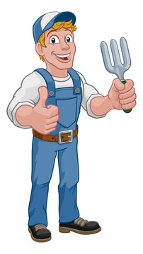 Gardener Garden Fork Tool Handyman Cartoon Man